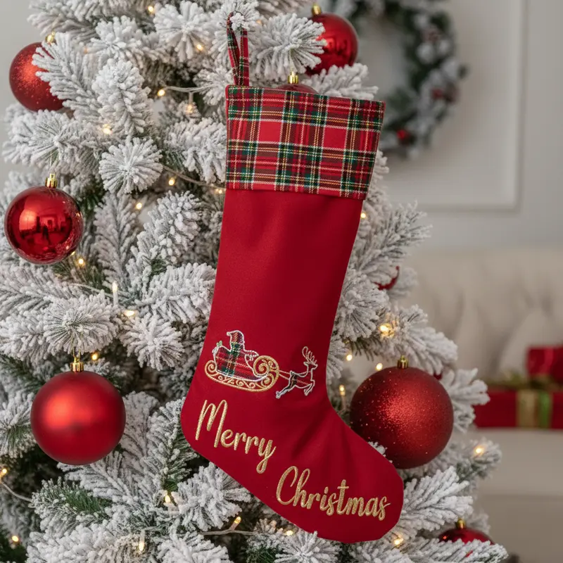 Calza di Natale Rossa "Merry Christmas" con Risvolto Tartan