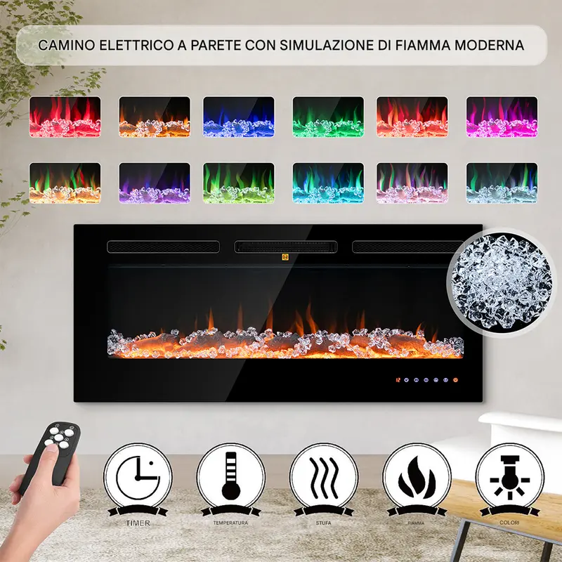 Camino Elettrico a Incasso Riscaldante Parete Fiamma Regolabile Telecomando 105cm