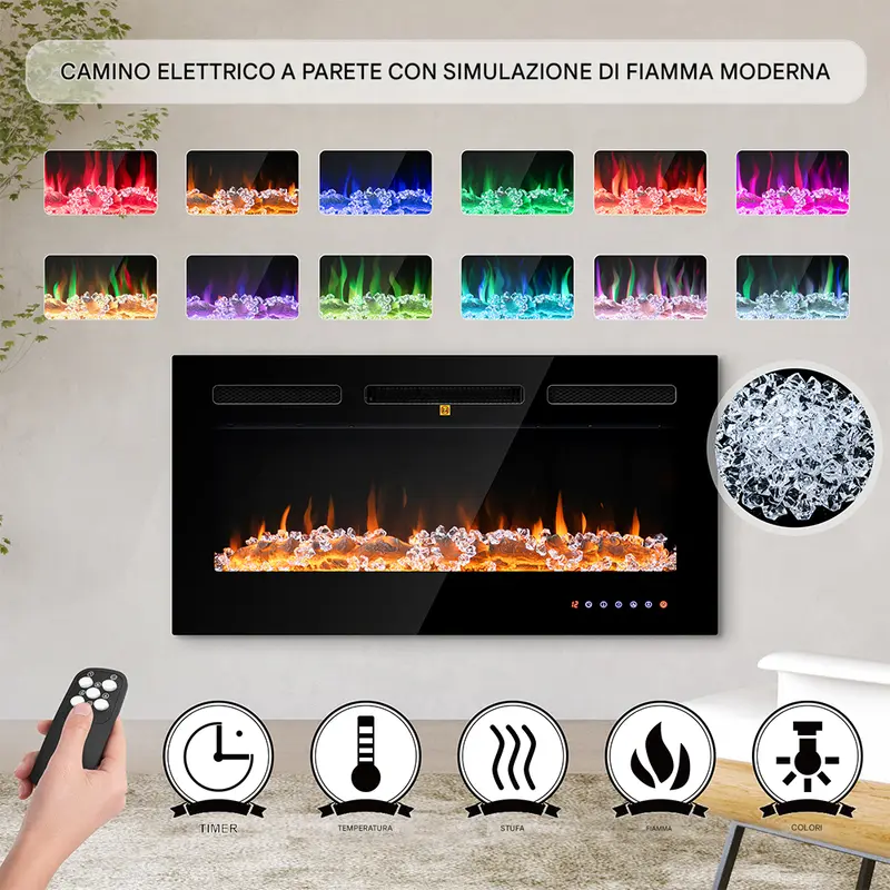 Camino Elettrico a Incasso Riscaldante Parete Fiamma Regolabile Telecomando 91cm