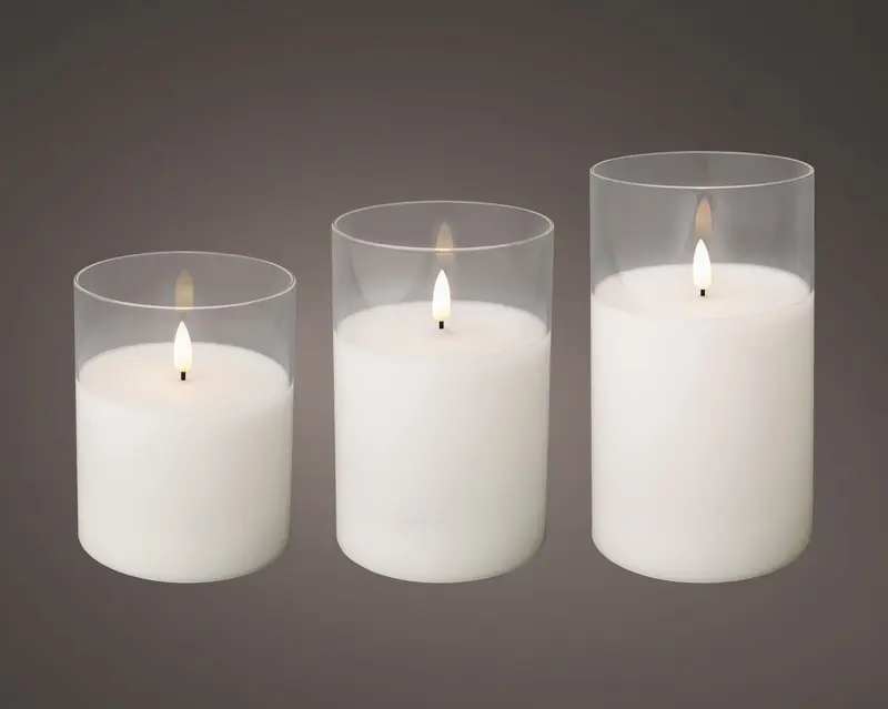 Candela a LED con stoppino, cilindro di vetro, miscela stabile BO per interni