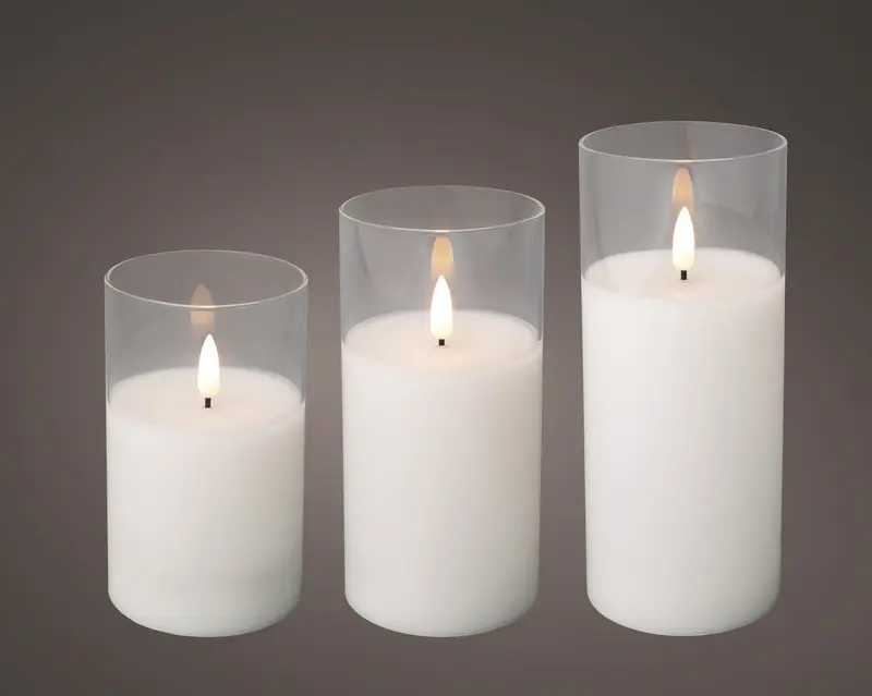 Candela a LED con stoppino, cilindro di vetro, miscela stabile BO per interni