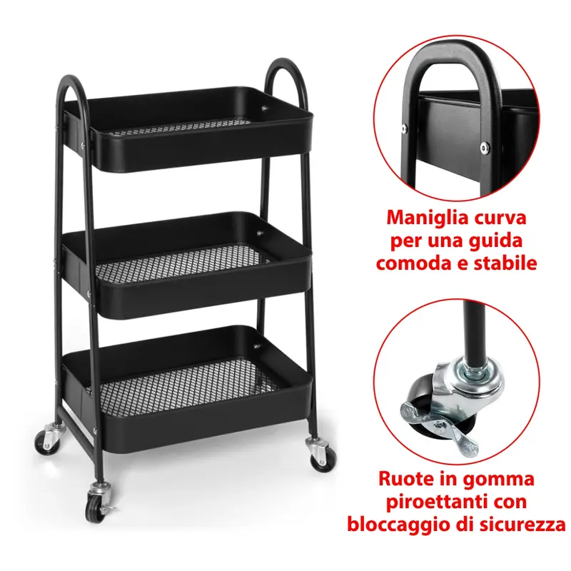 CARRELLO 3 RIPIANI C/RUOTE 42X29 H 78.5 CM Nero