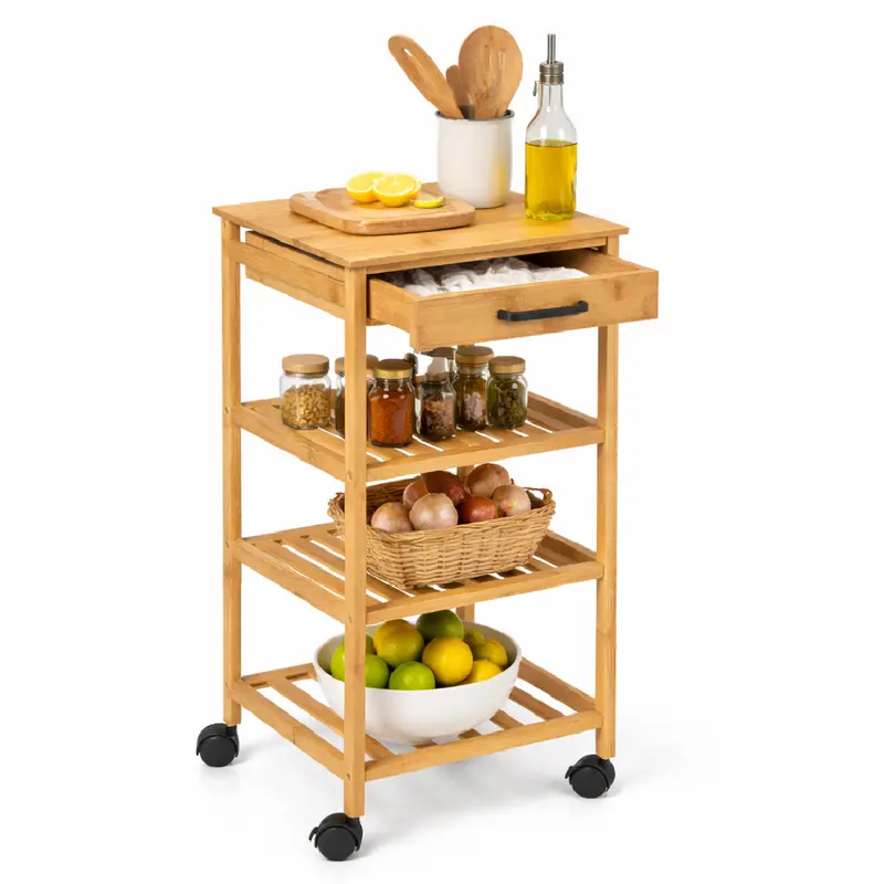 Carrello Cucina in Legno Bambù con Cassetto 3 Ripiani 4 Ruote 360 Design Minimal