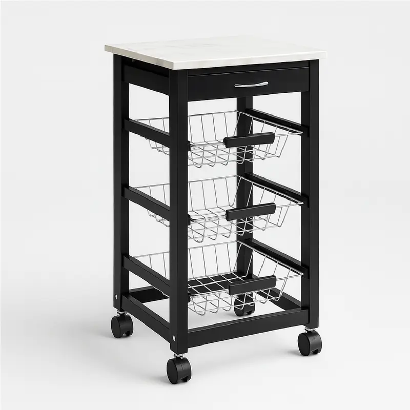 Carrello Cucina Legno 3 Cestelli Acciaio Top Effetto Marmo 1 Cassetto Salvaspazio