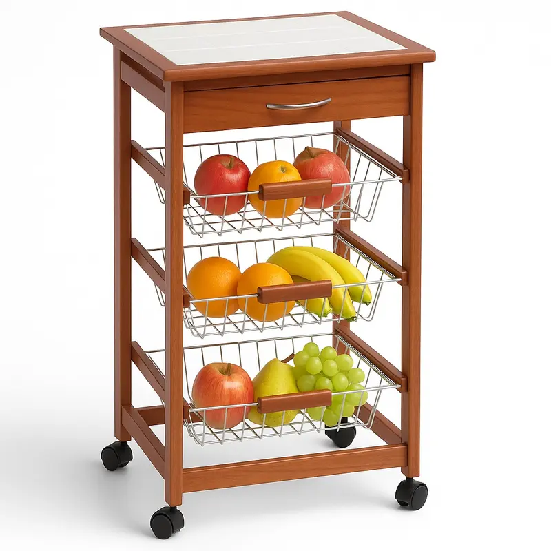 Carrello Cucina Legno Ciliegio 3 Cestelli Acciaio e Piano Ceramica Salvaspazio
