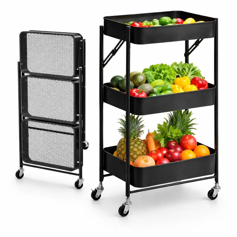 Carrello Cucina Slim Pieghevole 3Ripiani Metallo 4Ruote Freno Salvaspazio Nero