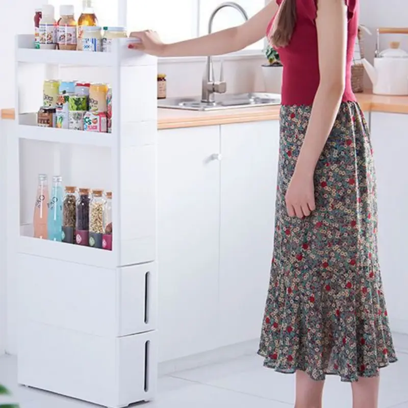 Carrello Cucina Slim Salvaspazio 4 Ruote 3 Ripiani 2 Cassetti Bianco 45x17 H106cm