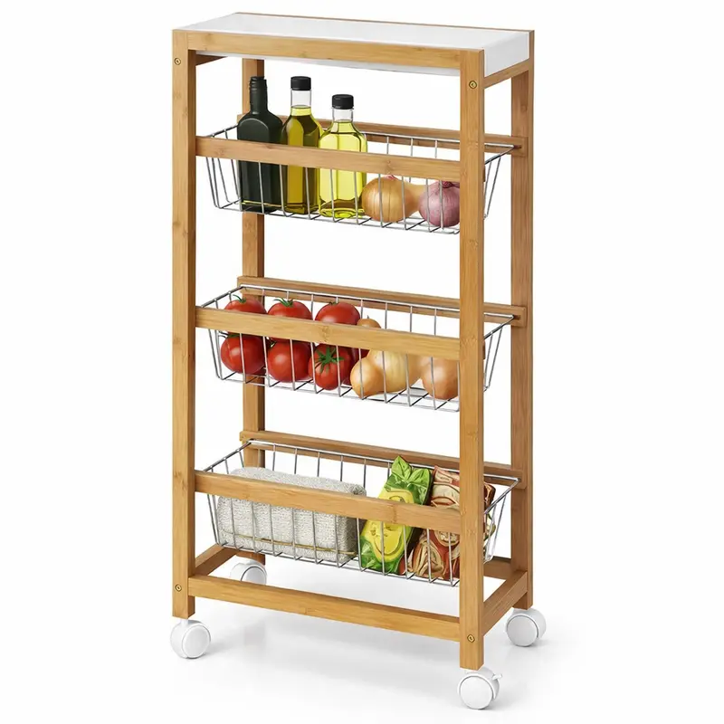 Carrello Cucina Slim Salvaspazio in Bambù con ruote 3 Cestelli e Vassoio