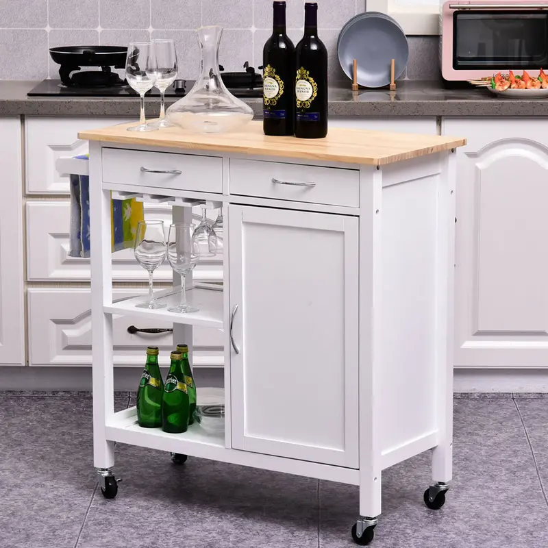 Carrello da Cucina in Legno con Cassetti, Ruote e Ripiani Salvaspazio Mobiletto Multiuso