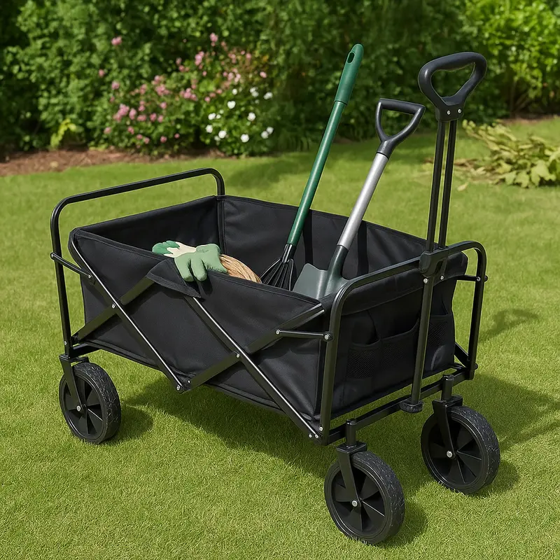 Carrello Pieghevole in Tessuto Oxford con 4Ruote in Gomma e Telaio in Acciaio Nero