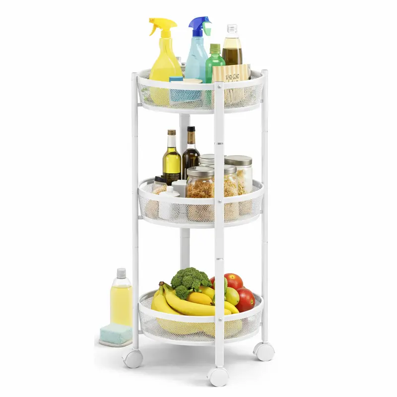Carrello Pieghevole Salvaspazio 3 Ripiani con 4 Ruote Organizer Metallo 88x35cm Bianco