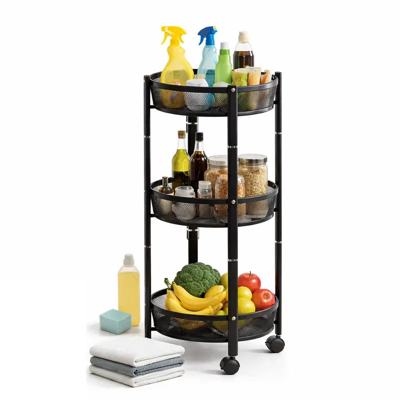 Carrello Pieghevole Salvaspazio 3 Ripiani con 4 Ruote Organizer Metallo 88x35cm Nero
