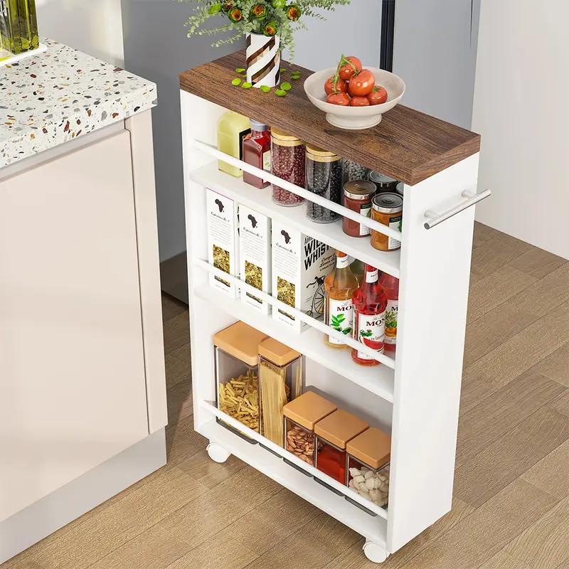 Carrello Portaoggetti Slim Salvaspazio da Cucina con 4 ruote 3 ripiani in Legno Bianco