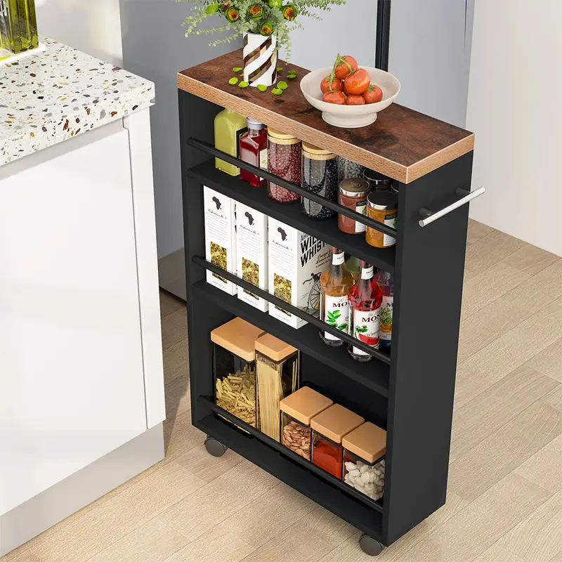 Carrello Portaoggetti Slim Salvaspazio da Cucina con 4 ruote 3 ripiani in Legno Nero