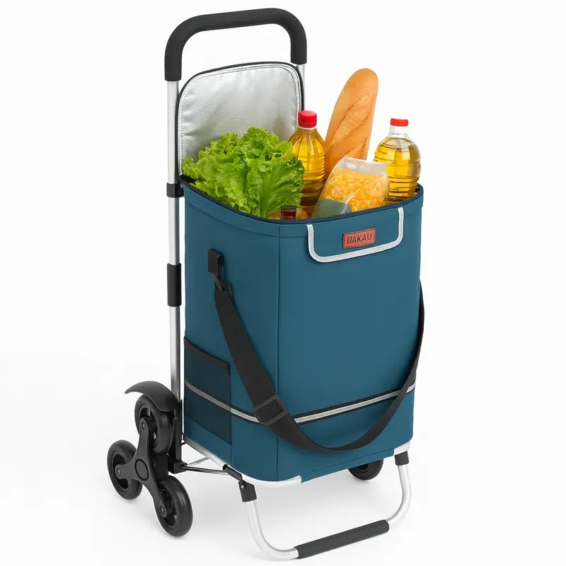 Carrello Spesa Montascale 50L Pieghevole con Borsa Termica Impermeabile 6 Ruote Blu