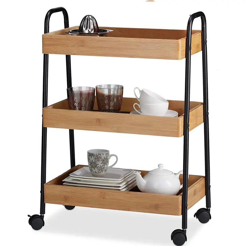 Carrello Trolley Cucina in Metallo 3 Ripiani in legno 4 Ruote Salvaspazio Nero