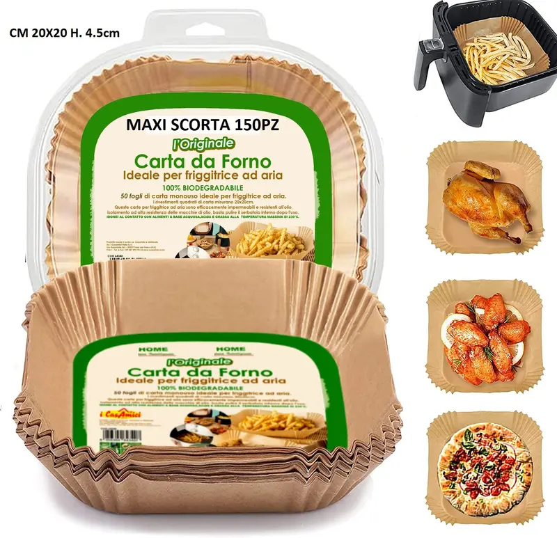 Carta Forno per Friggitrice ad Aria Maxi Scorta 150pz 20x20 H4,5cm Biodegradabili