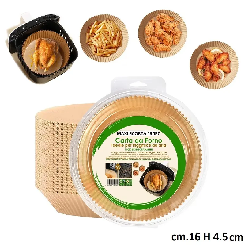 Carta Forno per Friggitrice ad Aria Maxi Scorta 150pz D.16 H4,5cm Biodegradabili