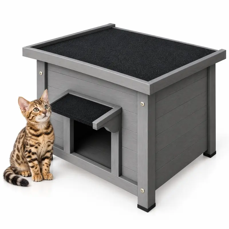 Casetta per Gatti in Legno Cuccia Tetto Apribile Grigia 60x58x47 cm fino a 15 kg
