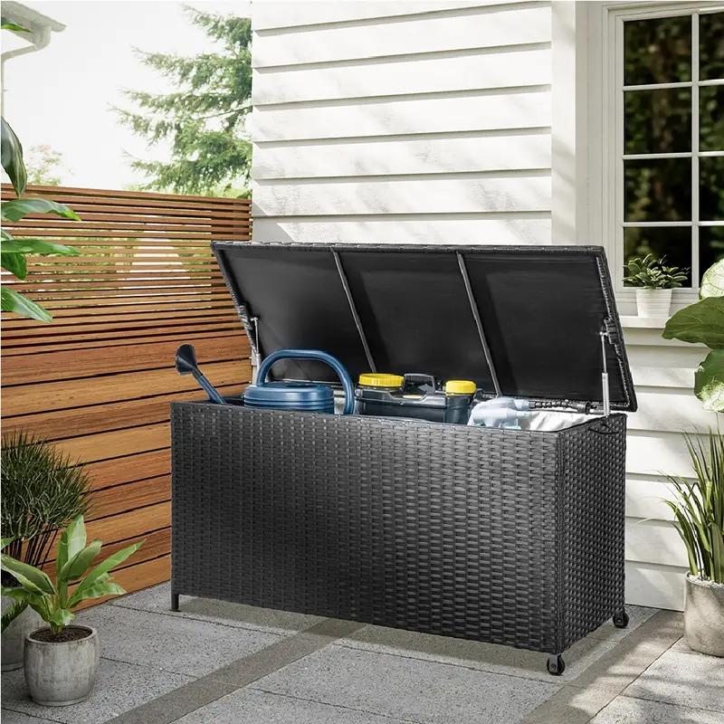 Cassapanca Baule Portaoggetti in Polyrattan XXL Resistente 2Ruote Maniglia Nero