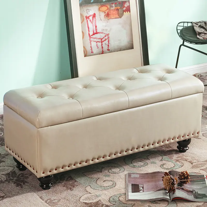 Cassapanca Pouf Contenitore Panca Moderna 80x40 H 43cm con Bottoni Beige