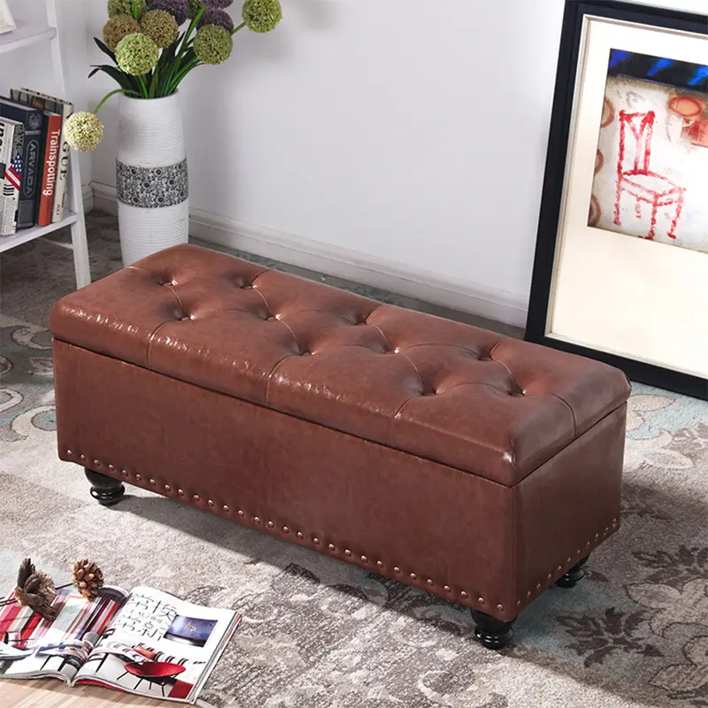 Cassapanca Pouf Contenitore Panca Moderna 80x40 H 43cm con Bottoni Marrone