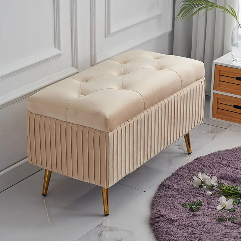 Cassapanca Pouf Contenitore Panca Sgabello in Tessuto Velluto 80x40 H45cm Beige
