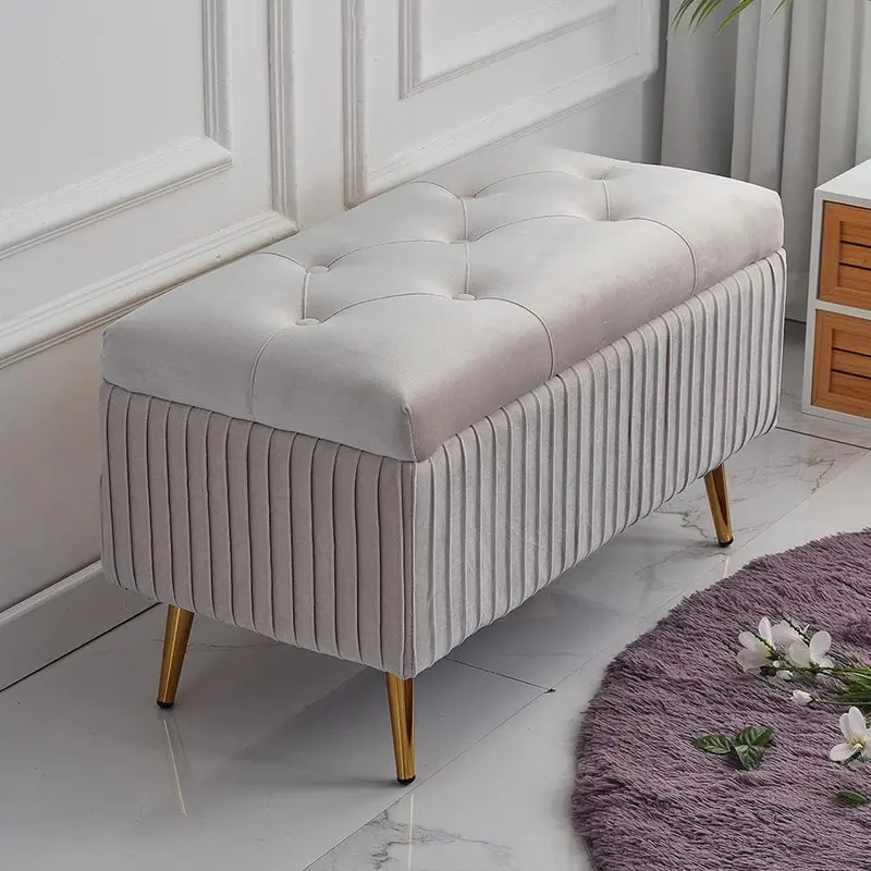 Cassapanca Pouf Contenitore Panca Sgabello in Tessuto Velluto 80x40 H45cm Grigio