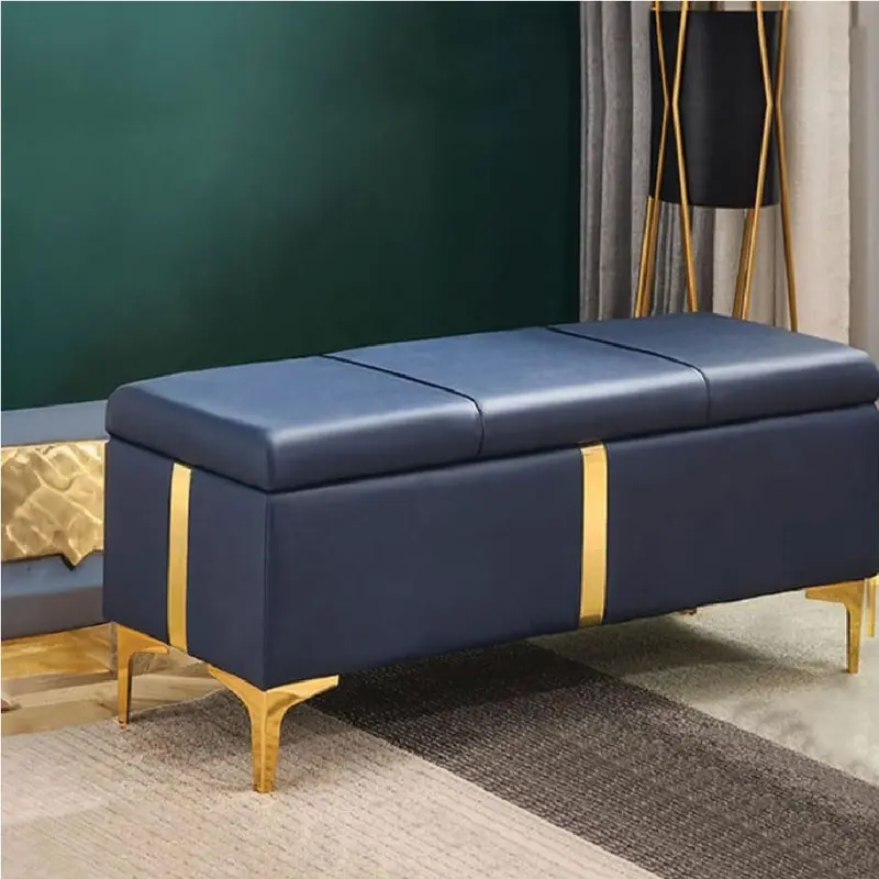 Cassapanca Pouf Contenitore Pelle Ecologica rifiniture Oro 80x40 H 45 cm Blu