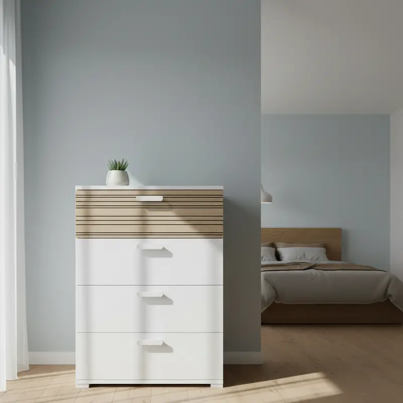 Cassettiera Moderna Bianca con Top in Legno – 4 Cassetti