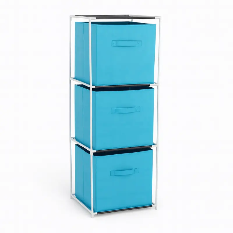 Cassettiera Multiuso in Metallo 3Cassetti in Stoffa 35x35 H 102cm Celeste Salvaspazio