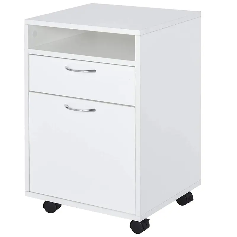 Cassettiera Ufficio Scrivania Legno MDF 1 Cassetto 1 Anta 4 Ruote 40x35x60cm Bianco