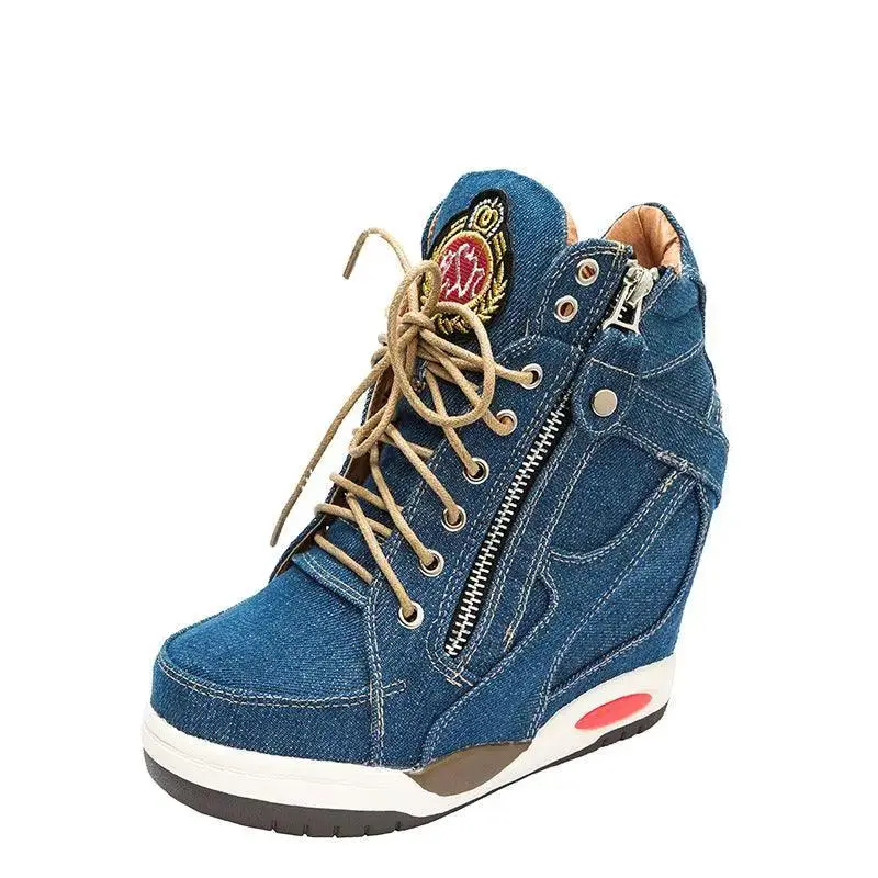 Casual Denim Lace-Up Booties Increase In Height