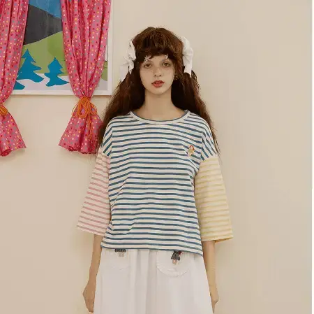 Casual Loose Women Striped T-shirt Spell Color Muppet Embroidery O k Three Quarter Sleeve Femme Loose Tshirt Tees Tops Cotton