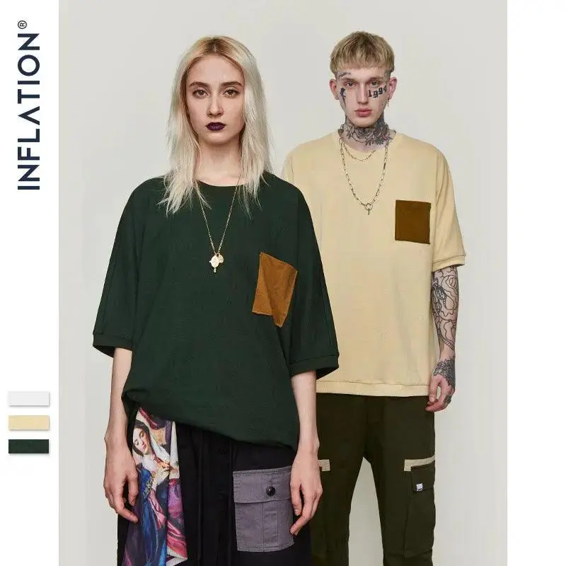 Casual Oversized Pocket T shirt Men Women Streetwear Skateboard Top Tees Mens T-shirt Simple Cotton Short Sleeve 8288S