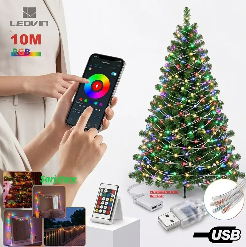 Catena Luci LED RGB 10M 100 LED Smart Bluetooth App USB Albero Natale Feste