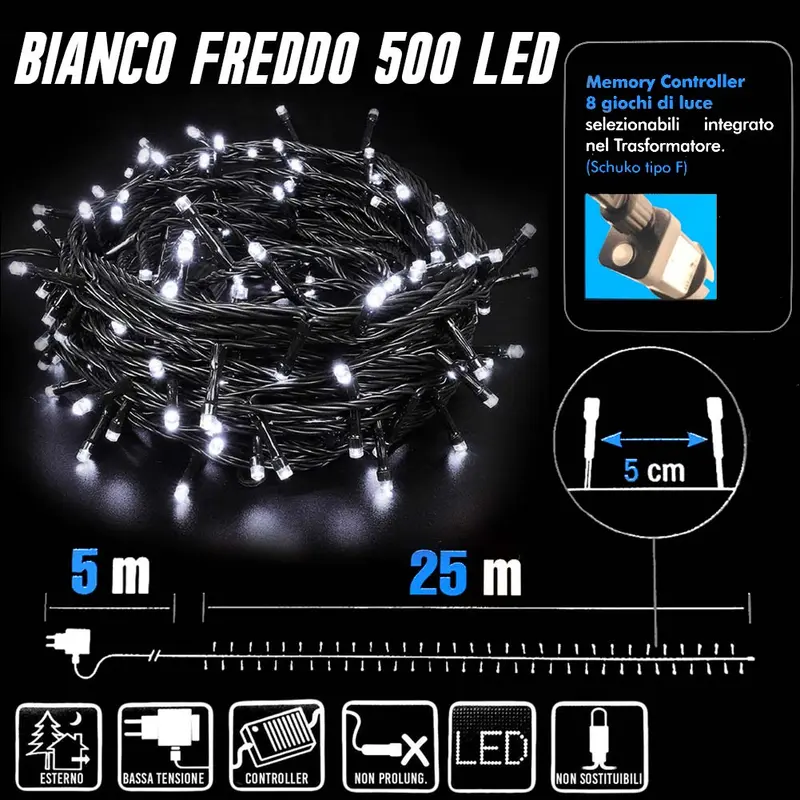 Catena Luminosa 500 LED Mini Lucciole Bianco Freddo 8 Funzioni Interno Esterno