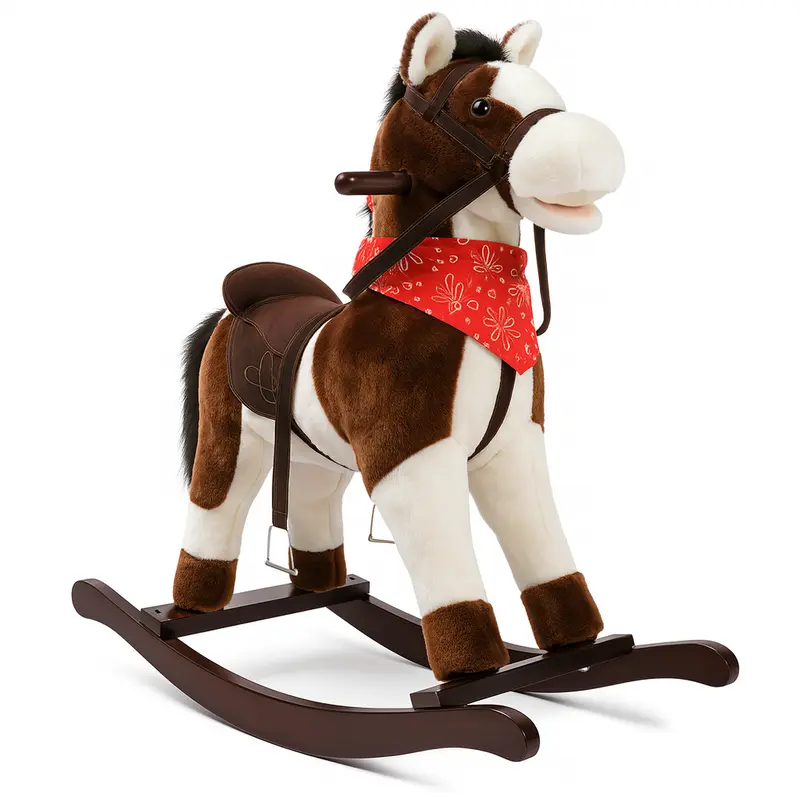 Cavallo a Dondolo in Peluche con Suoni Realistici Base in legno 3+ Giochi Infanzia
