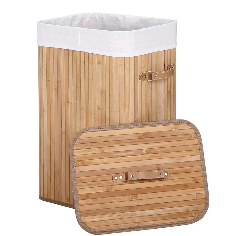 Cesta Porta Biancheria in Bambù con Coperchio 2 Manici Capacità 70 LT Naturale