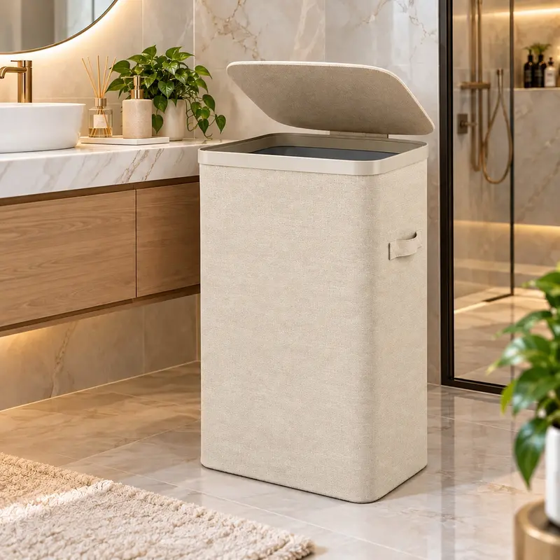 Cesto Biancheria Sporca 105L Portabiancheria con Coperchio e Sacco Estraibile Beige