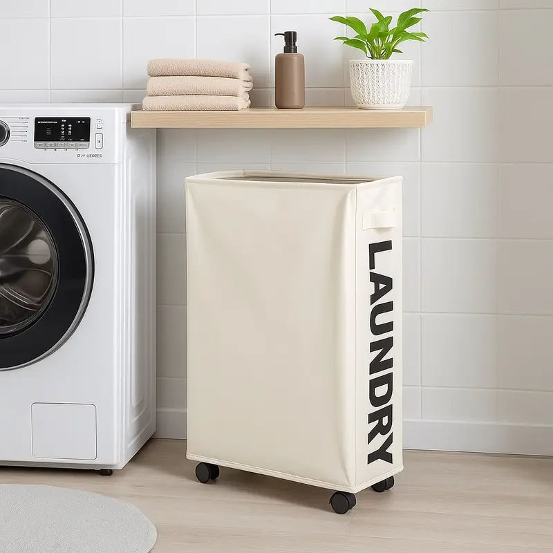 Cesto Biancheria Sporca Pieghevole in Tessuto Oxford Slim con Ruote e Coperchio Beige