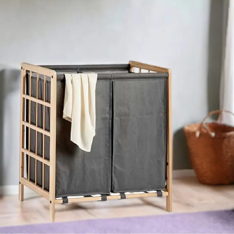 Cesto Porta Biancheria Doppio Legno Naturale e Stoffa Capacità 60lt Colore Grigio