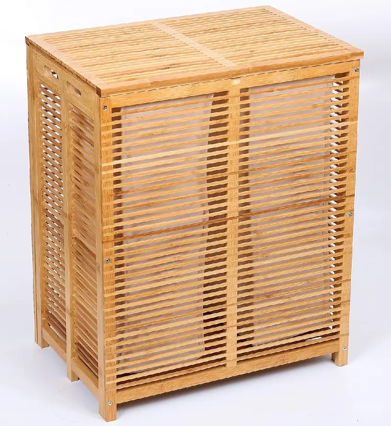 Cesto Porta Biancheria in Legno Bambù Doppio 2 Scomparti 50x35 H60 cm