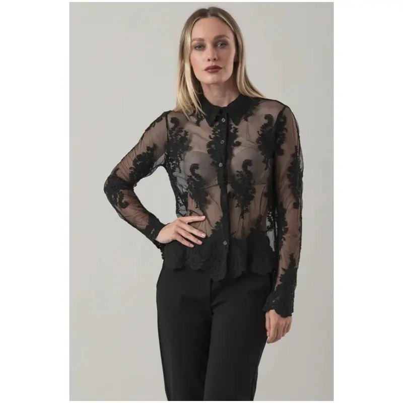 Chez Moi Chemise /Camicia da donna in misto cotone e pizzo, Made in Italy "Fluerette"
