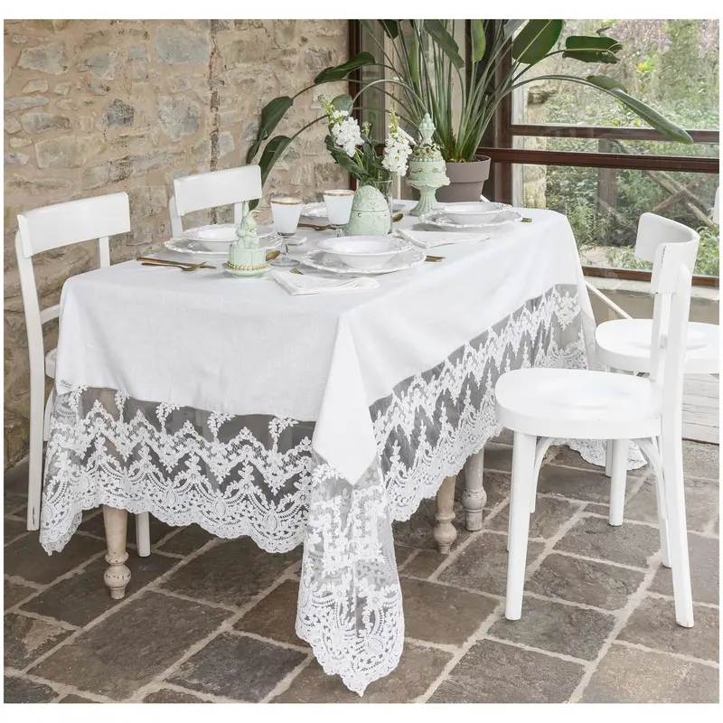 Chez Moi Tovaglia in misto lino naturale e pizzo "Cornice Simposio" 170x240 cm