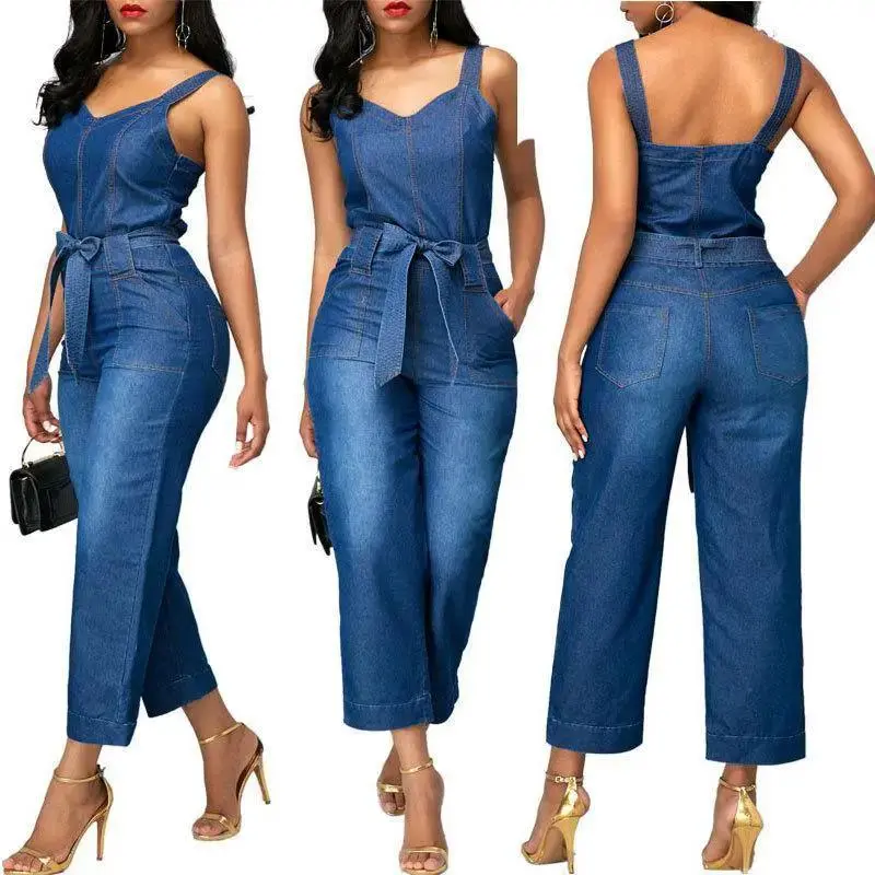 Chic Sling Bowknot Denim Jumpsuit for Effortless Style