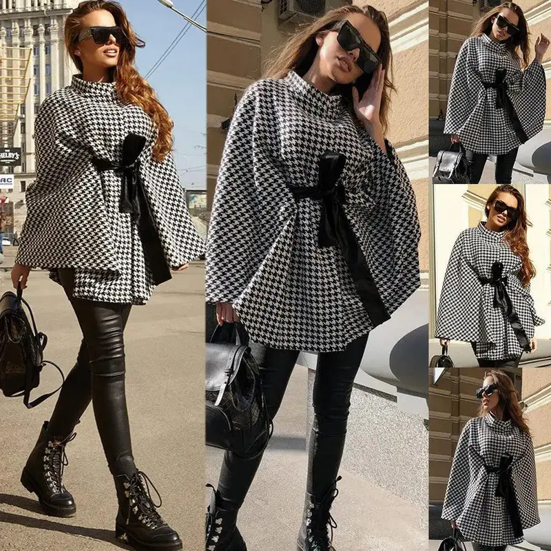 Coat Houndstooth Woolen Cloth Loose Tie Cloak
