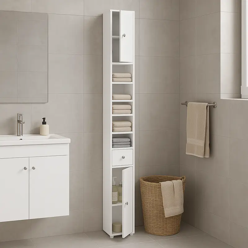Colonna da Bagno Bianca 20x20 H180 cm Mobile Alto con 2 Ante Cassetto e Ripiani