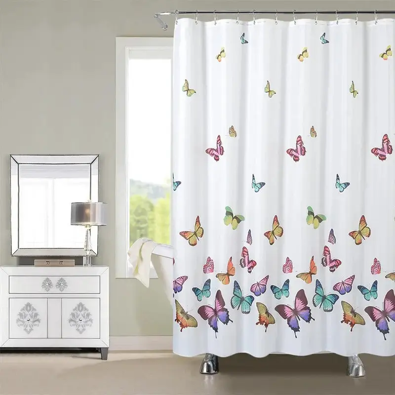 Colorful Butterfly Polyester Waterproof Printing Shower Curtain Home Bathroom Curtain Shower Partition Curtain With 12C Ring Set