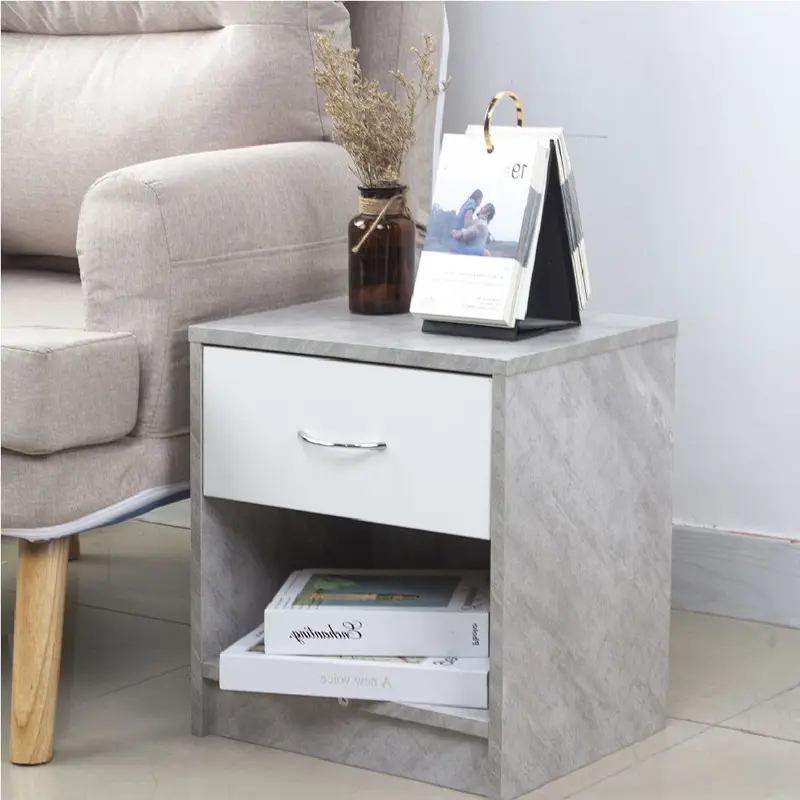 Comodino Bicolore 1 Cassetto e Ripiano Inferiore Design Moderno H41cm Bianco Cemento